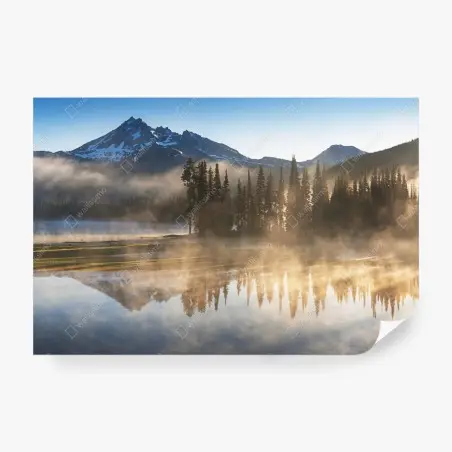 Wall mural misty mountain sunrise reflection • Wallissimo®