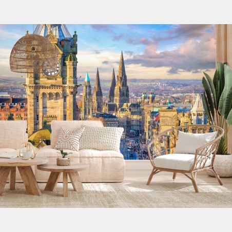 Wall mural Edinburgh skyline with castle and clock tower • Wallissimo®