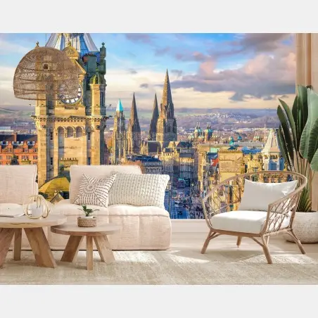 Wall mural Edinburgh skyline with castle and clock tower • Wallissimo®