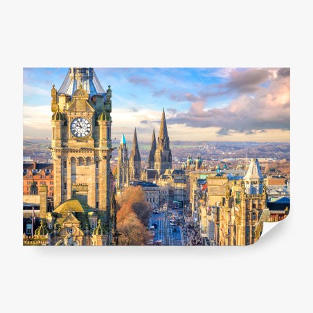 Wall mural Edinburgh skyline with castle and clock tower • Wallissimo®