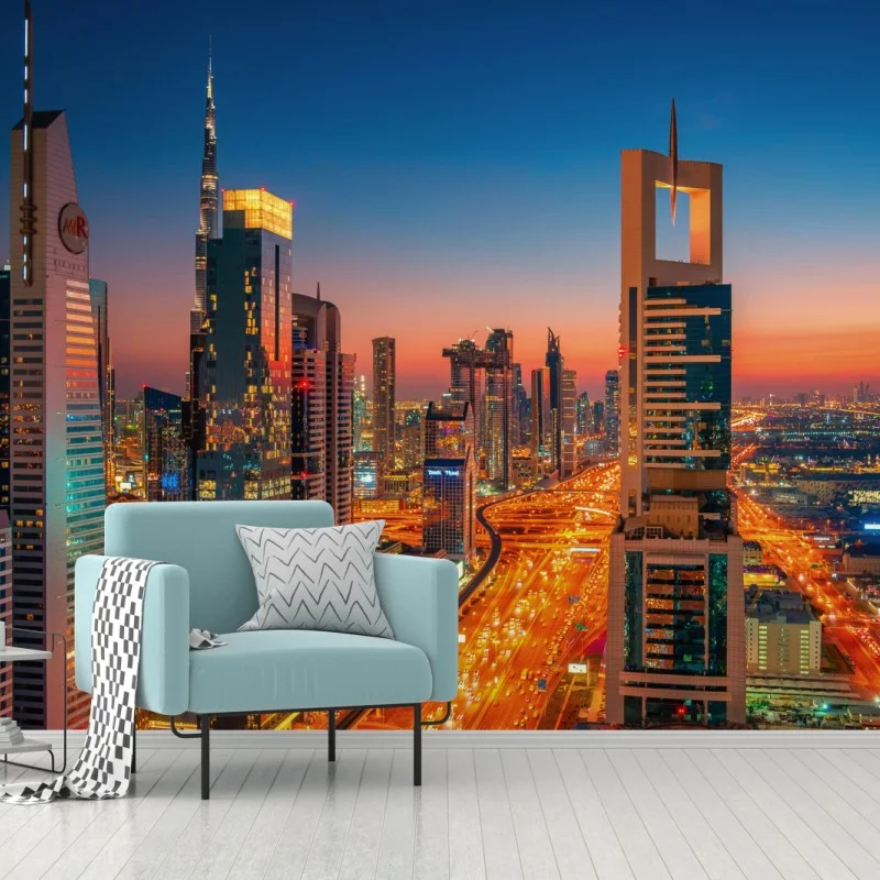 Wall mural Dubai skyline at dusk