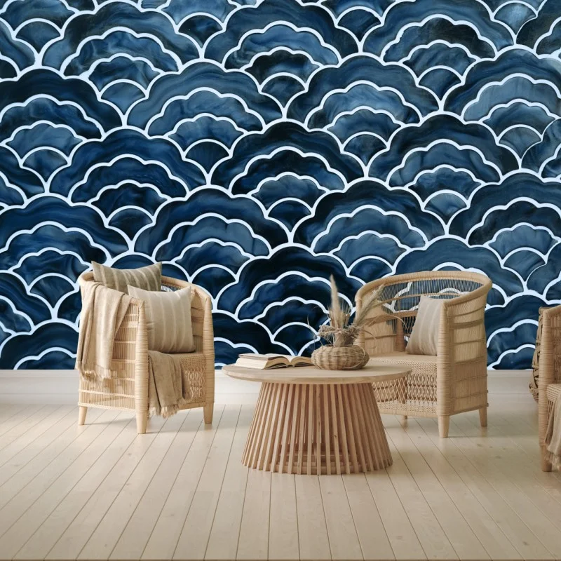 Wall mural japanese blue wave pattern