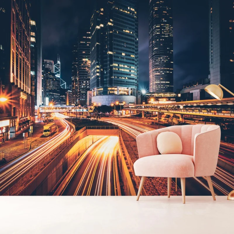 Wall mural night city light trails over urban highway