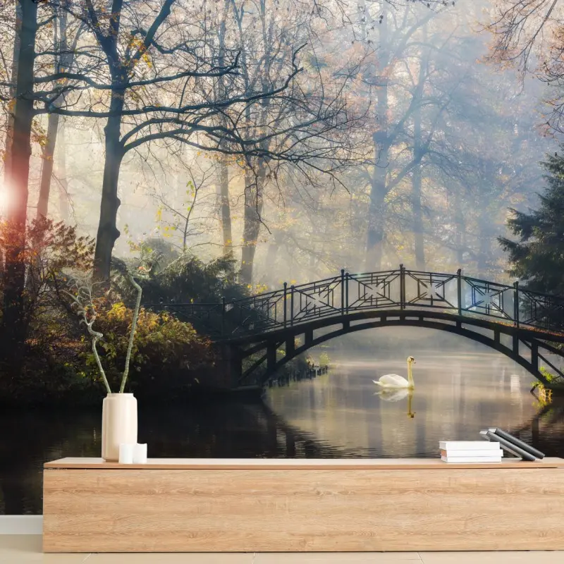 Wall mural misty autumn bridge with swan