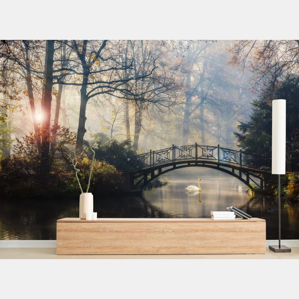 Wall mural misty autumn bridge with swan • Wallissimo®