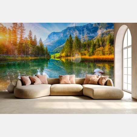 Wall mural Hintersee autumn lake reflection at sunset • Wallissimo®