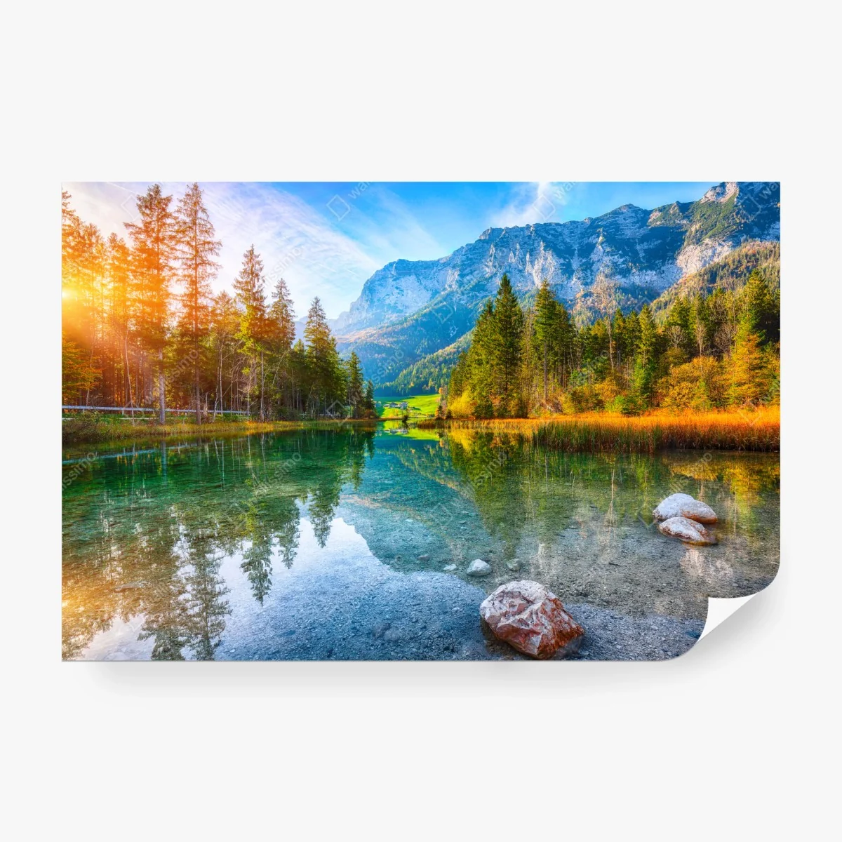Wall mural Hintersee autumn lake reflection at sunset • Wallissimo® Wall mural Hintersee autumn lake reflection at sunset • Wallissimo®