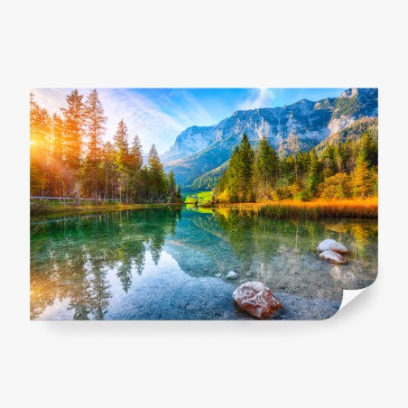 Wall mural Hintersee autumn lake reflection at sunset • Wallissimo®