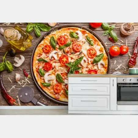 Wall mural fresh pizza with basil and cherry tomatoes • Wallissimo®