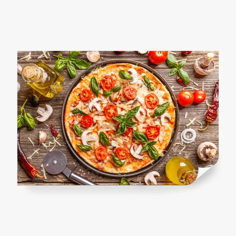 Wall mural fresh pizza with basil and cherry tomatoes