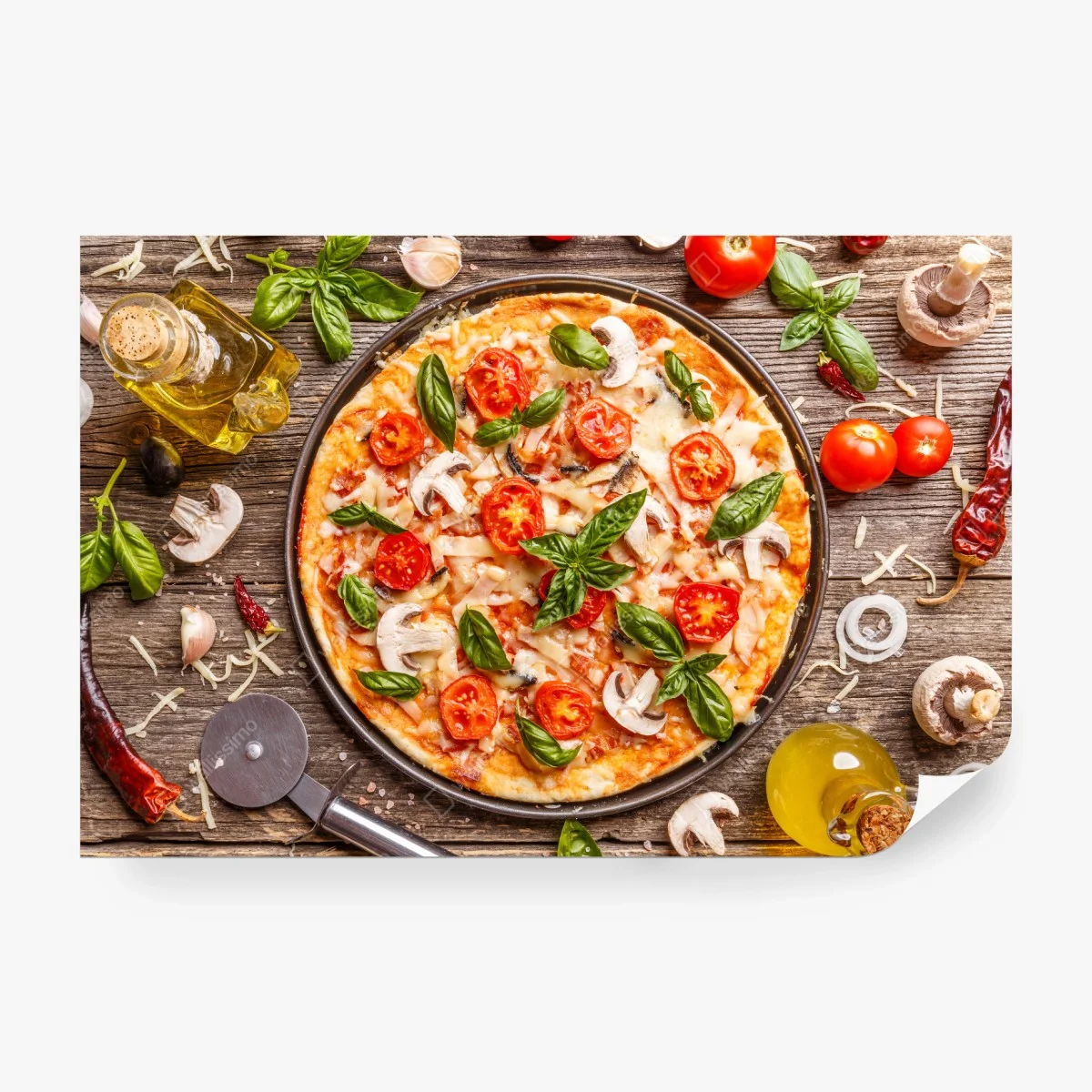 Wall mural fresh pizza with basil and cherry tomatoes ⁕ Wallissimo® Wall mural fresh pizza with basil and cherry tomatoes ⁕ Wallissimo®