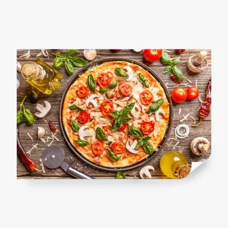 Wall mural fresh pizza with basil and cherry tomatoes • Wallissimo®
