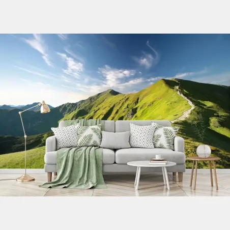 Wall mural sunlit mountain ridge trail • Wallissimo®