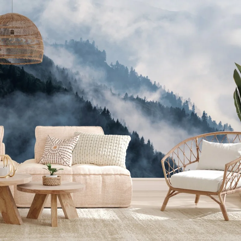 Wall mural mist-covered mountain ridges