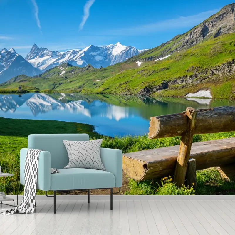 Wall mural alpine lake with wooden bench