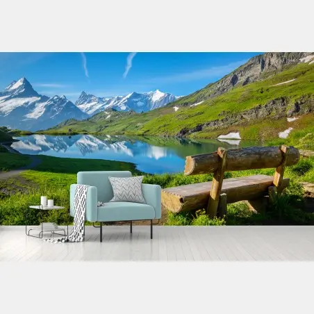 Wall mural alpine lake with wooden bench • Wallissimo®