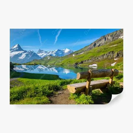 Wall mural alpine lake with wooden bench • Wallissimo®