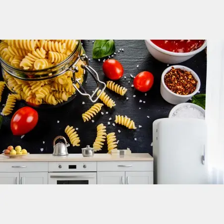 Wall mural pasta ingredients flat lay with tomatoes and basil • Wallissimo®