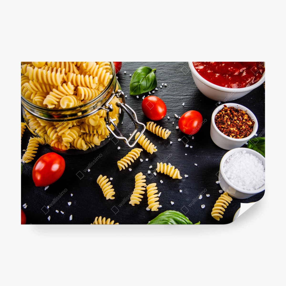 Wall mural pasta ingredients flat lay with tomatoes and basil • Wallissimo®