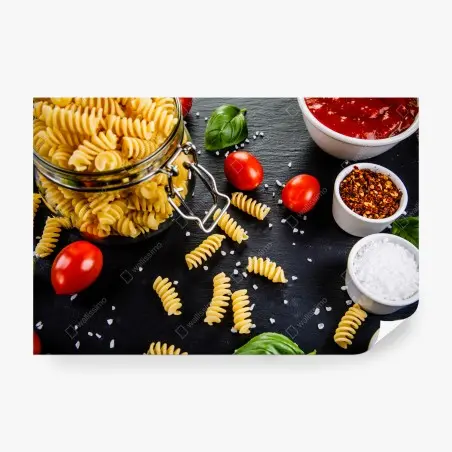 Wall mural pasta ingredients flat lay with tomatoes and basil • Wallissimo®