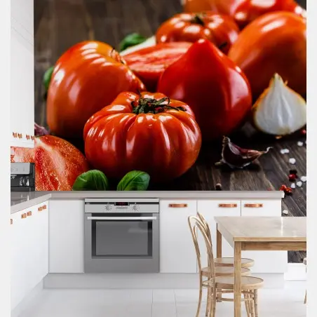 Wall mural ripe heirloom tomatoes on a rustic wooden table • Wallissimo®