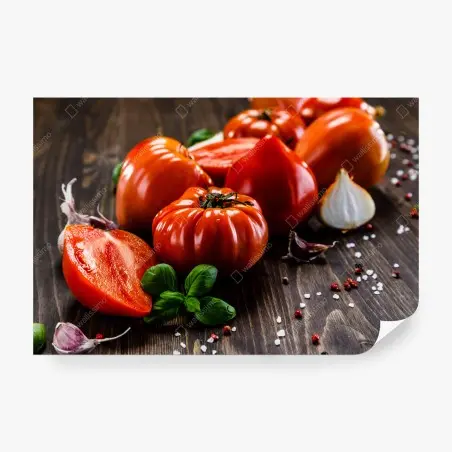 Wall mural ripe heirloom tomatoes on a rustic wooden table • Wallissimo®