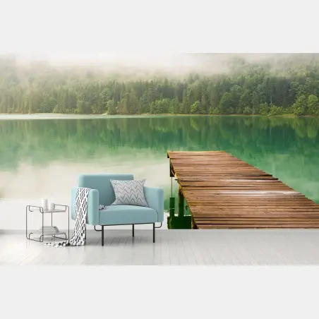 Wall mural misty lake with wooden jetty • Wallissimo®
