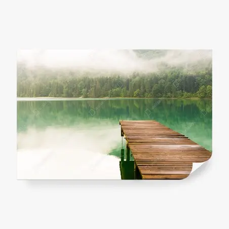 Wall mural misty lake with wooden jetty • Wallissimo®