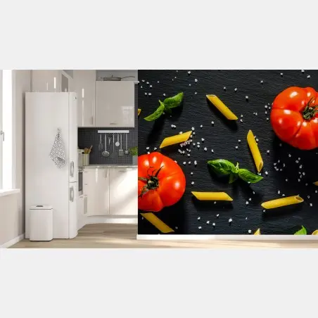 Wall mural tomato and pasta flat lay on black slate • Wallissimo®