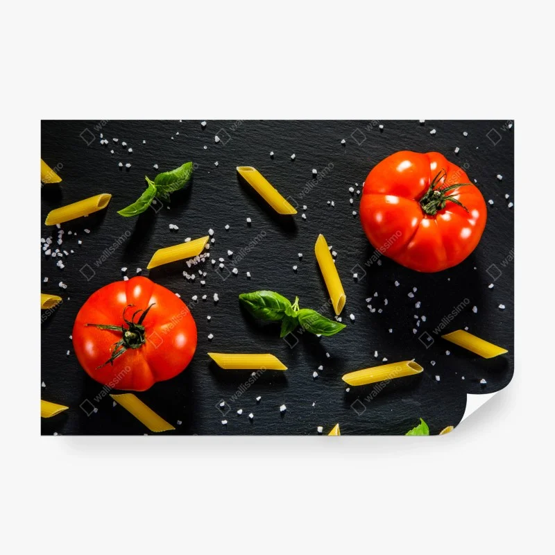 Wall mural tomato and pasta flat lay on black slate