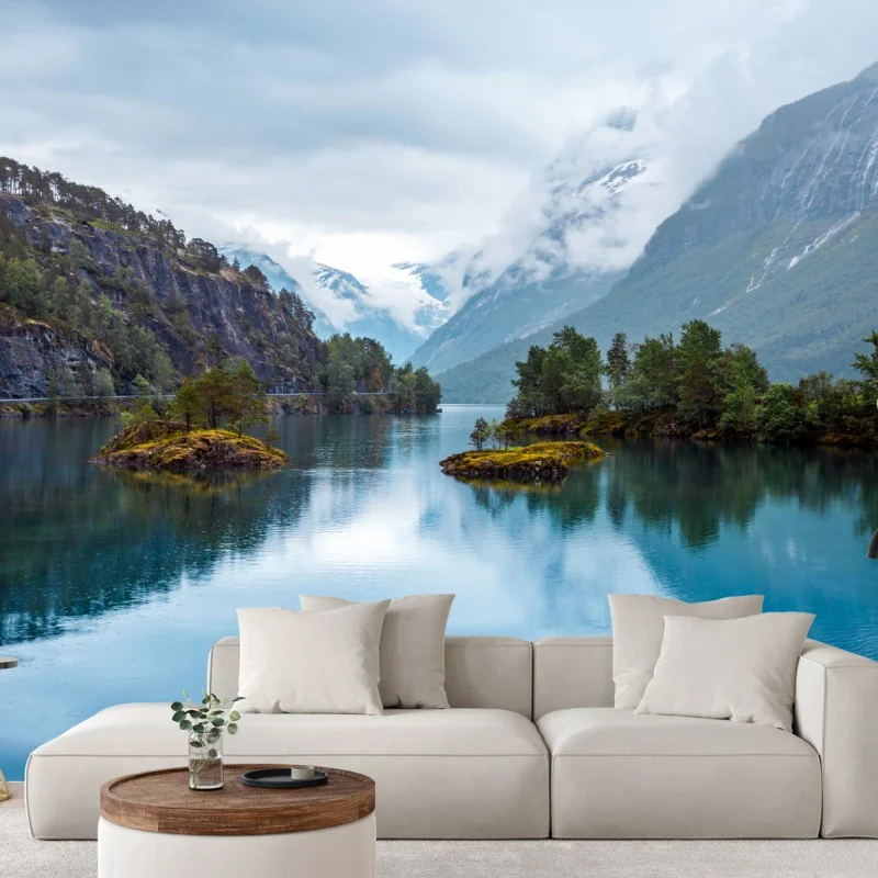 Wall mural Lovatnet lake reflection in Norway's misty mountains