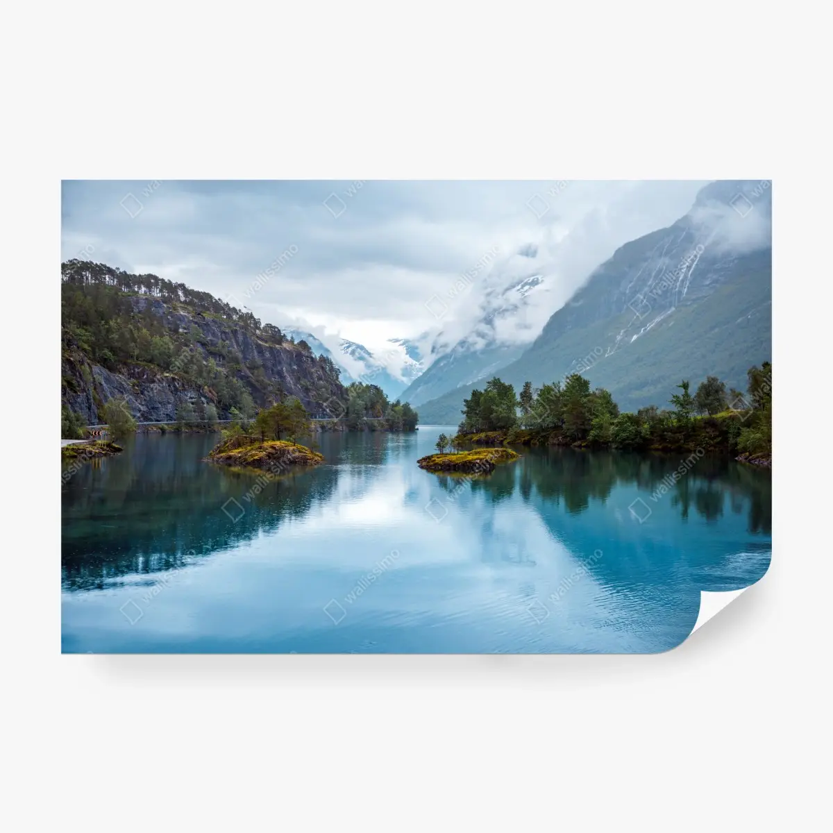 Wall mural Lovatnet lake reflection in Norway's misty mountains • Wallissimo®