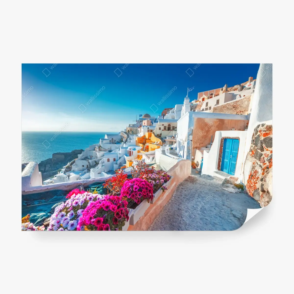 Wall mural sunlit Santorini cliffside village ⁕ Wallissimo® Wall mural sunlit Santorini cliffside village ⁕ Wallissimo®