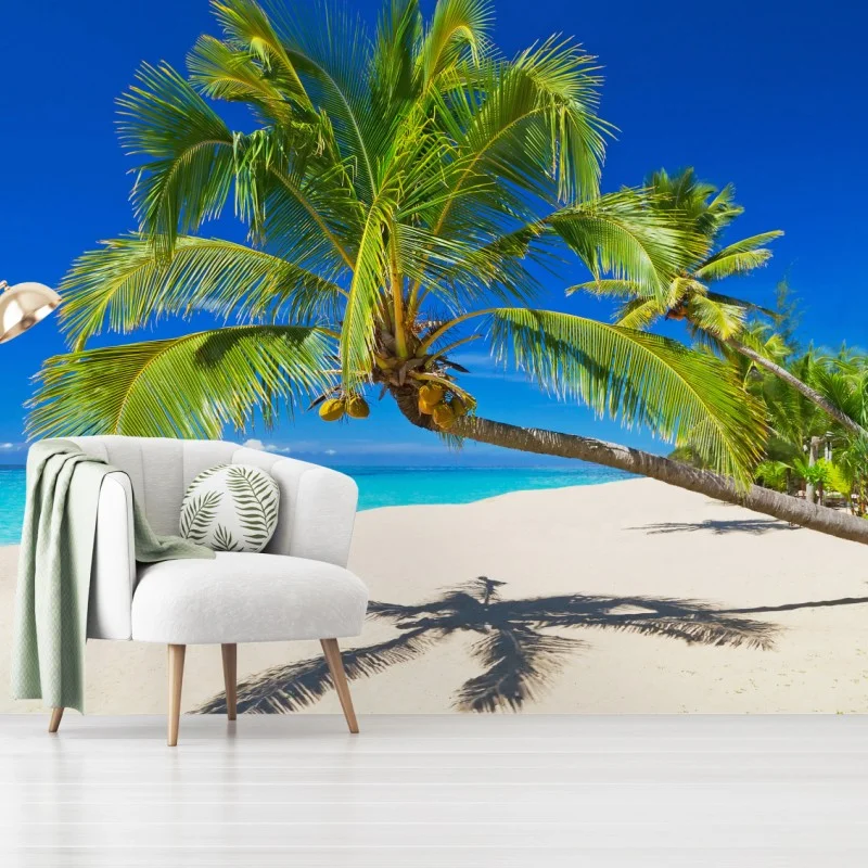 Wall mural Andaman Sea tropical beach with leaning palm