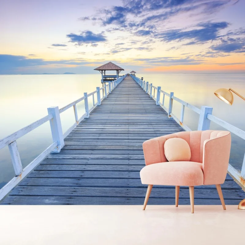 Wall mural tranquil wooden pier at sunset