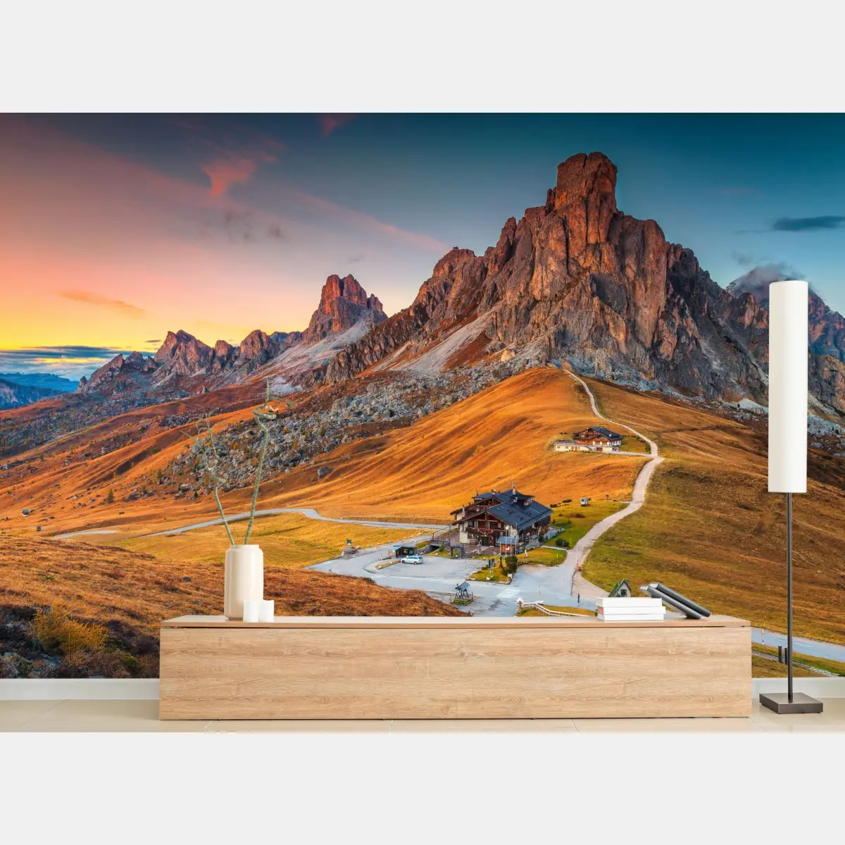Wall mural sunset over Passo Giau, Dolomites • Wallissimo®