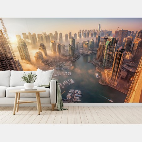 Wall mural Dubai marina sunset skyline • Wallissimo®