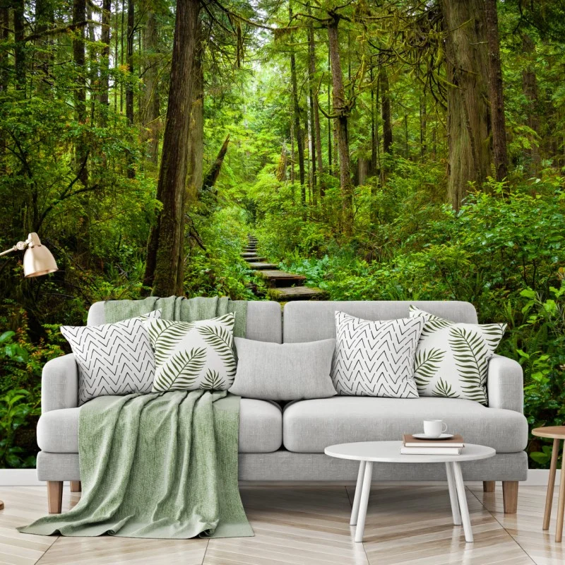 Wall mural serene forest boardwalk path ⁕ Wallissimo®