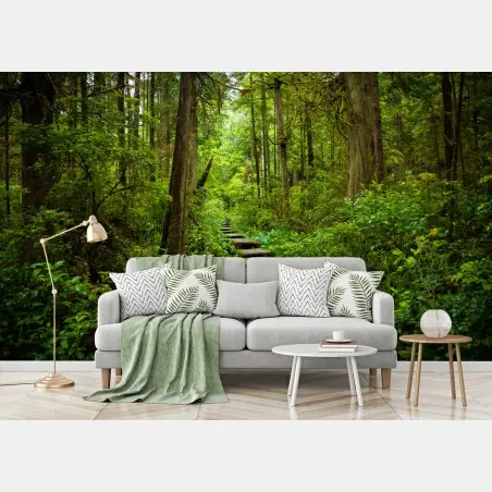 Wall mural serene forest boardwalk path • Wallissimo®