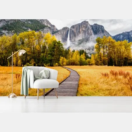 Wall mural autumn boardwalk to a waterfall • Wallissimo®