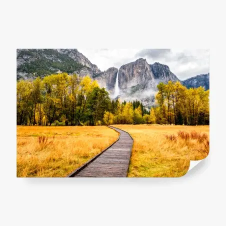 Wall mural autumn boardwalk to a waterfall • Wallissimo®