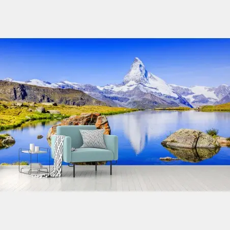 Wall mural Matterhorn reflection at Stellisee, Zermatt • Wallissimo®