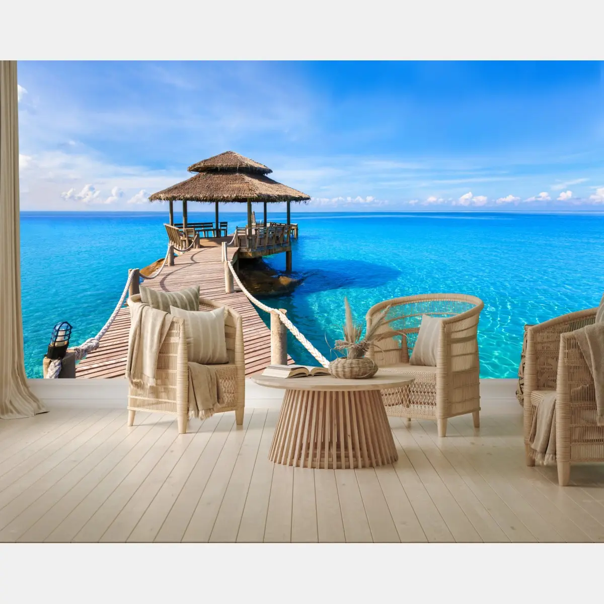 Wall mural tropical pier over turquoise sea • Wallissimo®