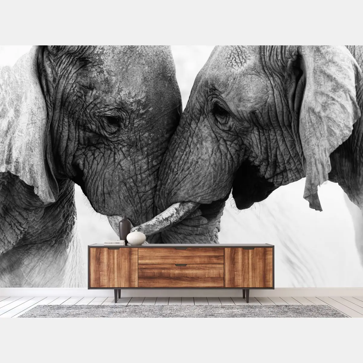 Wall mural elephant embrace black and white portrait • Wallissimo®