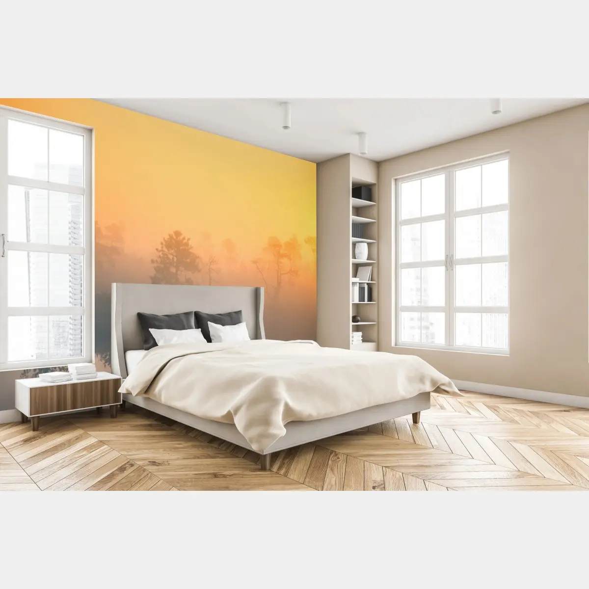 Wall mural dreamy sunrise over a misty marsh • Wallissimo®