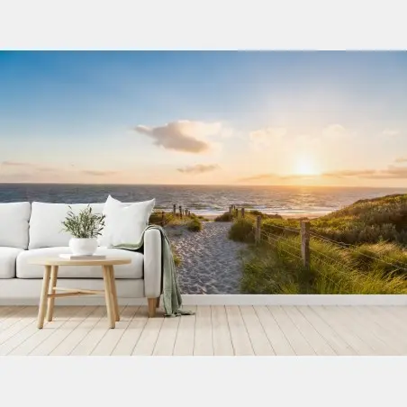 Wall mural sunlit beach path to the ocean • Wallissimo®