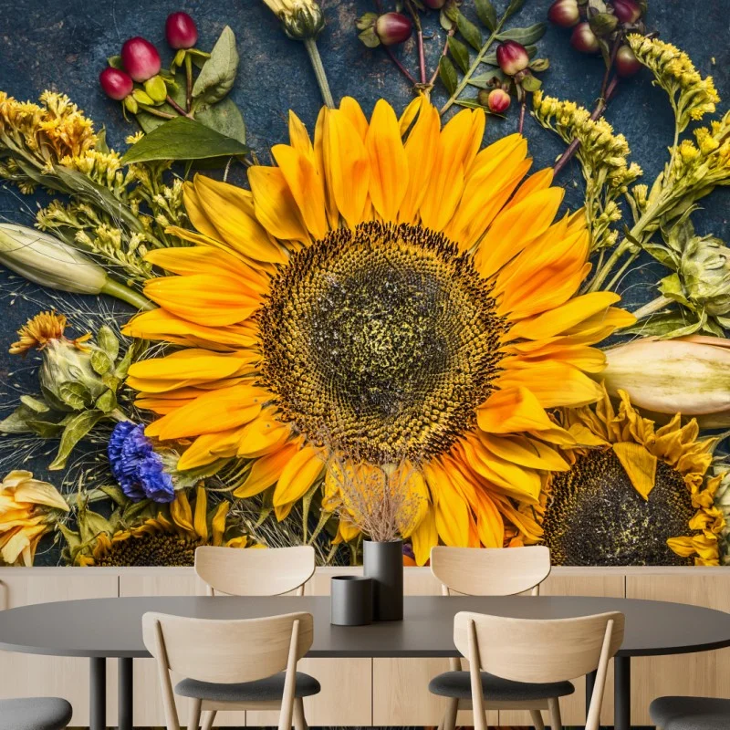 Wall mural autumn sunflower bouquet on dark rustic background