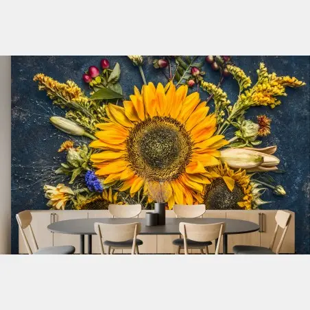 Wall mural autumn sunflower bouquet on dark rustic background • Wallissimo®