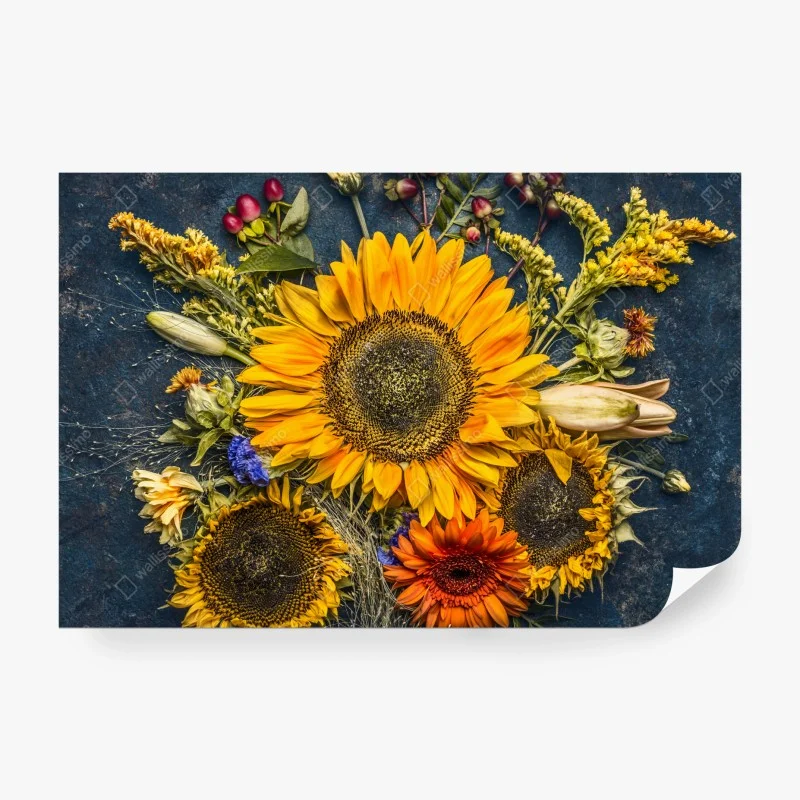 Wall mural autumn sunflower bouquet on dark rustic background