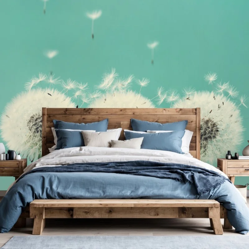 Wall mural three dandelion puffballs on turquoise background